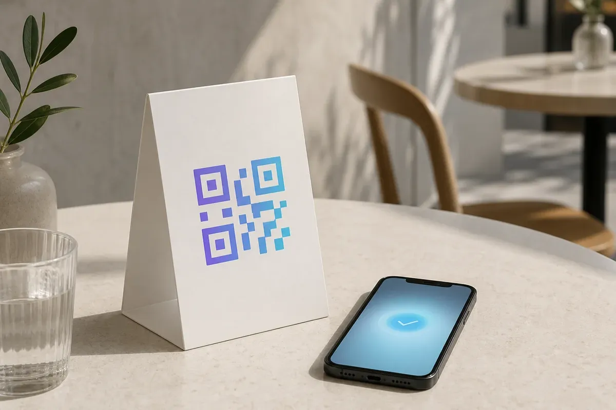QR touchpoint displayed on a cafe table beside a phone